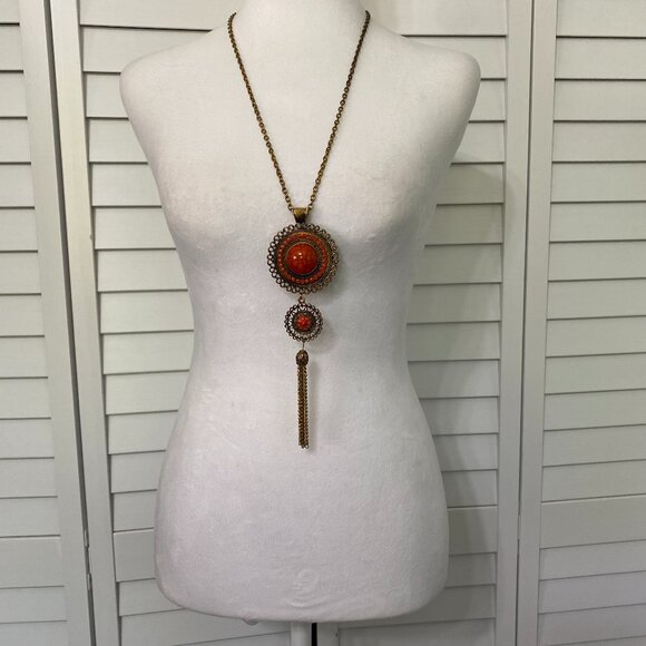 Jewelry - Vintage 70s Gold and Orange Pendant Necklace with Tassel Accent 29" #392
